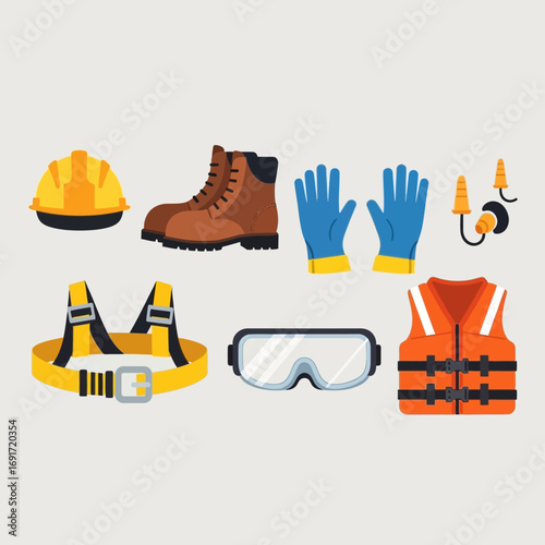 A comprehensive collection of personal protective equipment, including hard hat, work boots, safety gloves, goggles, harness, earplugs, and life vest, for job safety.