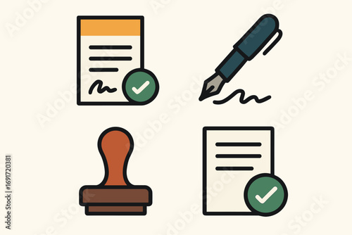 Document Approval Icons - Contract, Signature, Stamp, and Verification.