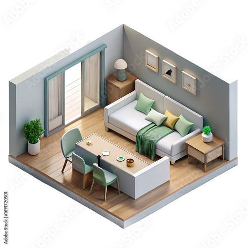 Cozy isometric studio apartment with desk and sofa natural light and green accents transparent background 3D