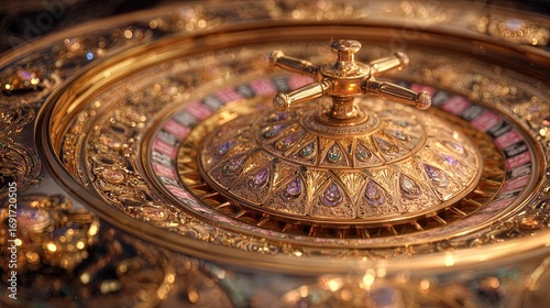 Luxurious casino roulette wheel in golden Arabian style, decorated with intricate oriental motifs and gemstones, surrounded by sparkles and golden