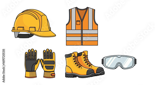 Essential personal protective equipment: hard hat, reflective vest, work gloves, sturdy boots, and safety goggles, vital for worker safety.