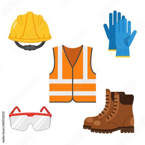 Essential personal protective equipment (PPE) for workplace safety, featuring a hard hat, reflective vest, gloves, safety glasses, and sturdy work boots.