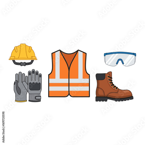 Essential personal protective equipment (PPE): hard hat, reflective vest, safety glasses, work gloves, and sturdy boots, crucial for job site safety.