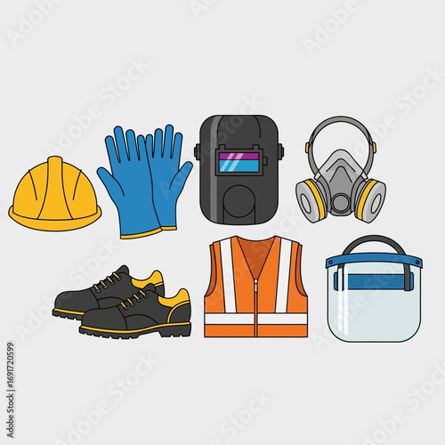 A comprehensive collection of essential personal protective equipment, including hard hats, safety gloves, and respirators, vital for workplace protection.