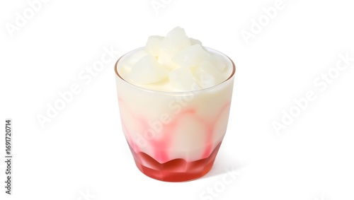 Isolated Es Goyobod on a white background with shadows, clear view of layers coconut milk, chewy jelly, pink syrup, and ice, commercial food photography style