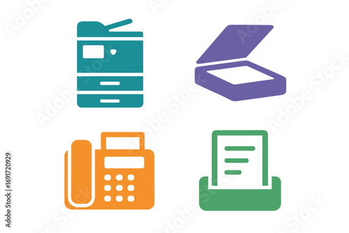 Office Equipment Icons - Copier, Scanner, Fax Machine, and Printer.