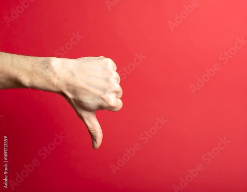 Hand gesturing thumbs down against red