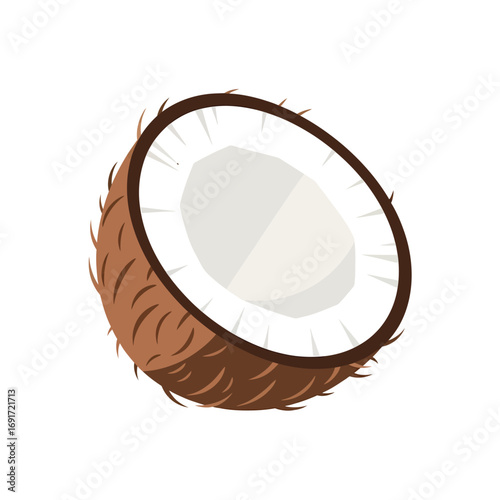 Illustration of a fresh half coconut with white pulp and brown hairy shell, isolated on a white background. Concept of tropical fruit and healthy eating