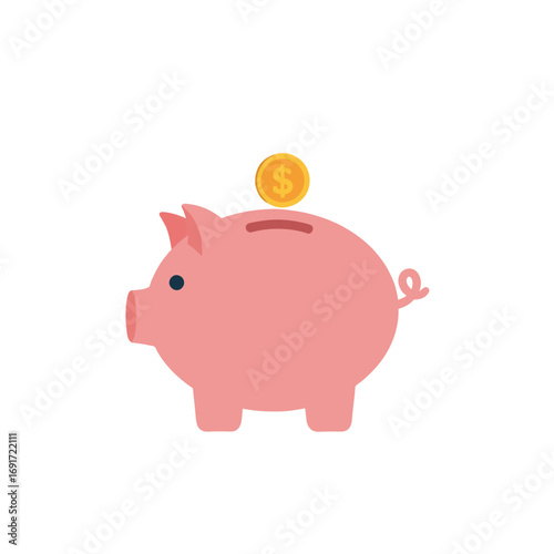 Simple flat design of a piggy bank with a dollar coin, representing the concept of accumulating wealth, personal finance, and budget management