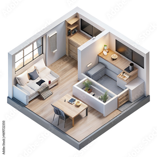 Cozy isometric studio apartment design with modern furniture and bathtub transparent background 3D