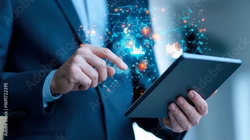 Businessman using digital tablet for futuristic technology interface, innovation, data analysis, analytics, and network connection with advanced data