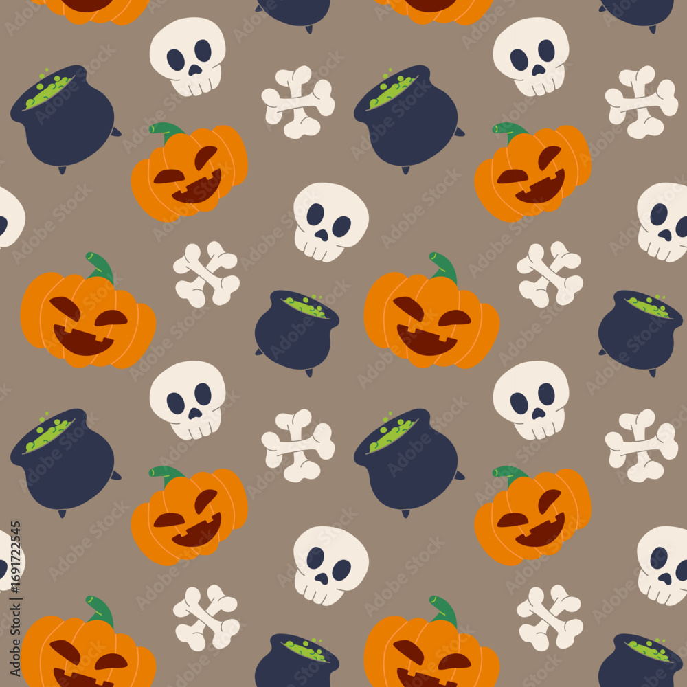 Fototapeta premium Flat style seamless Halloween pattern with pumpkin, skull, bone and cauldron. Fun spooky design for seasonal decoration, wrapping paper, textile and holiday print.