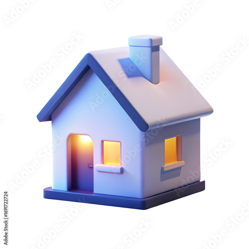 Cozy miniature house with glowing windows and chimney on black transparent background 3D