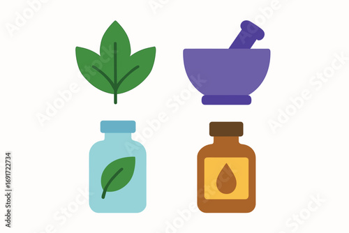 Herbal medicine and natural remedies icons set.