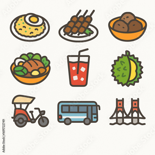 Flat Vector Icon Set of Indonesian Food and Modern Culture