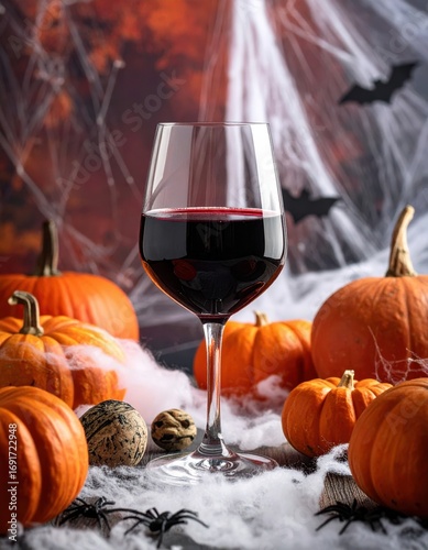 Halloween wine glass with pumpkins and decorations