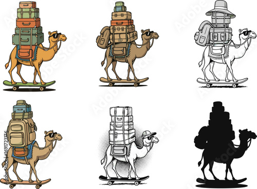 Funny camel cartoon carrying large luggage on skateboard, traveler concept, adventure, isolated vector illustration for travel, transportation, and adventure designs