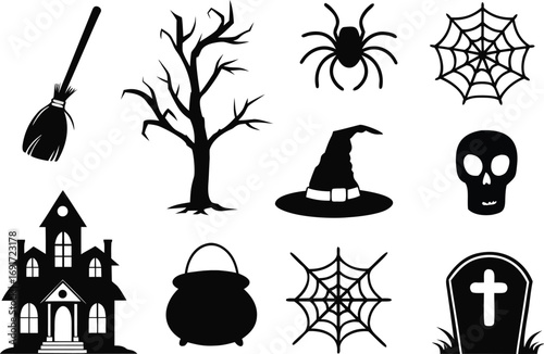 Collection of Halloween icons set silhouette vector art illustration. 