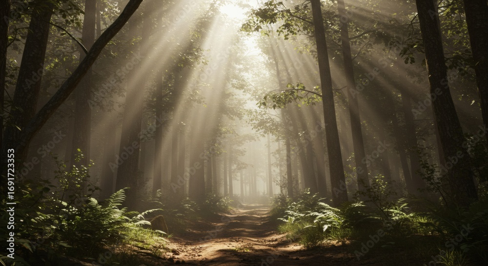 Fototapeta premium Enchanting forest path with bright sunbeams shining through the canopy.