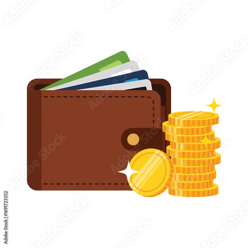 Concept of personal finance and accumulating wealth, illustrated by a wallet with money and cards alongside a stack of valuable gold coins