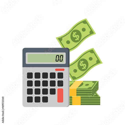 Financial calculation concept showing a calculator with a stack of money for budgeting, accounting, and investment analysis