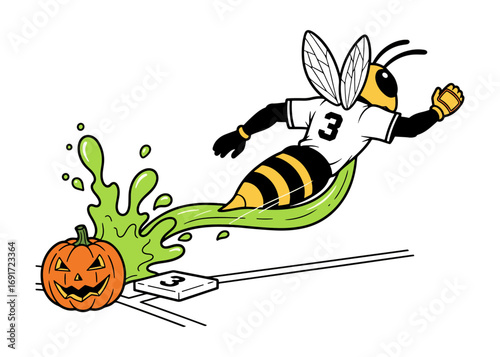 Halloween Bee Mascot Baseball Illustration: Jack-o’-lantern Slime Slide Runner with Jersey, Fun Vector Cartoon for Sports Teams, School Spirit, Fall Events, Stickers, T‑Shirts, and Merch