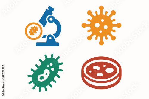 Microscope and various microorganisms icons for science and health research.