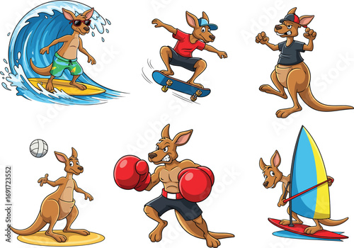 Cute kangaroo cartoon illustration surfing, skateboarding, boxing, windsurfing, sports activities, funny animal character mascot design, isolated vector artwork