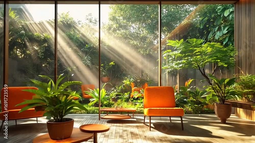 Bright sunlight streams through large windows into a modern living space with orange chairs and lush indoor plants.
