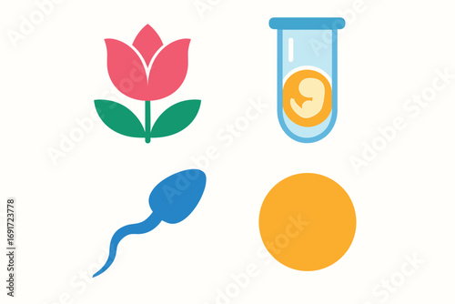 Reproductive Biology Icons - Flower, Embryo, Sperm, and Ovum.
