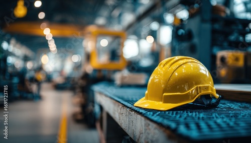 Industrial safety helmet on work bench