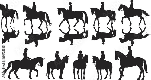 Black horse rider silhouettes with reflections, equestrian poses, horseback riding, dressage, gallop, trot, western, sport, competition, animal art