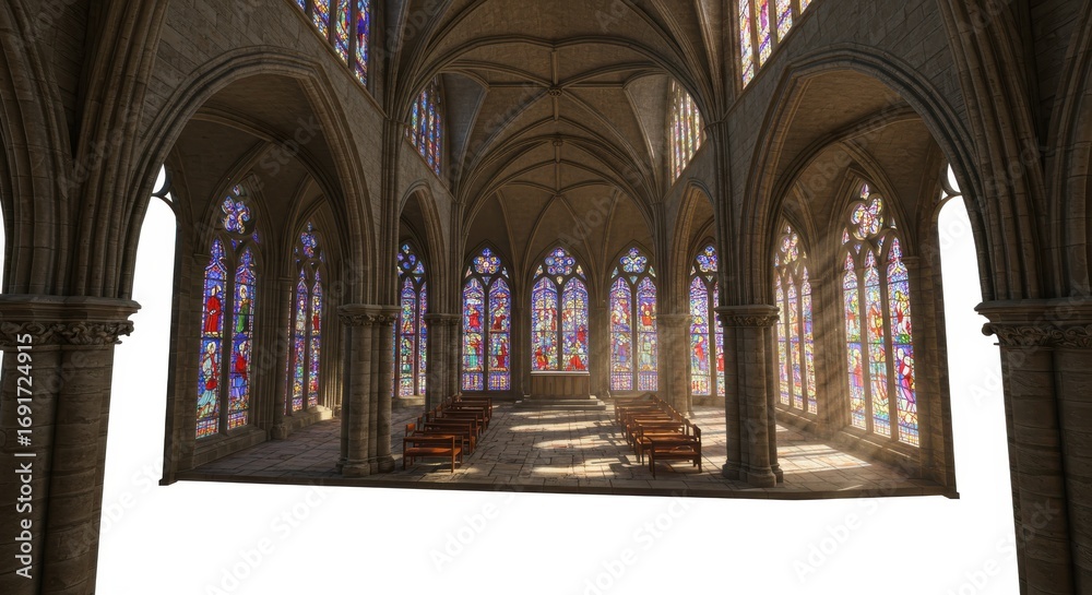 Fototapeta premium A digitally rendered interior view of a gothic cathedral, showcasing stained glass windows and arched architecture.