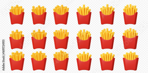 Multiple servings of golden french fries in red cardboard containers, arranged in rows on a transparent background.