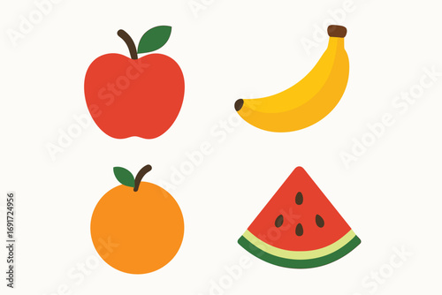 Collection of four colorful fresh fruits including apple banana orange and watermelon slice.