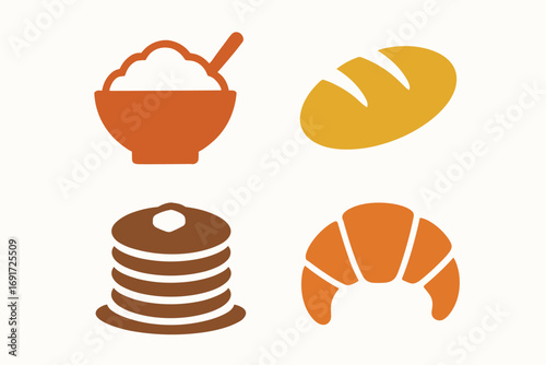 Variety of breakfast foods including rice, bread, pancakes, and croissants.