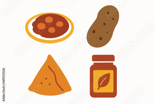 Illustration of Indian Food Items - Curry, Potato, Samosa, and Spice Jar.