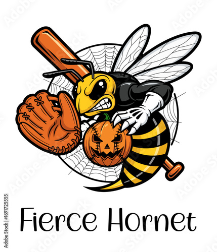 Fierce hornet baseball mascot with glove, bat and jack-o’-lantern, spiderweb backdrop Halloween sports vector design
