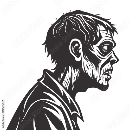 Black and white illustration of a zombie's head in profile with decaying skin Keywords: zombie