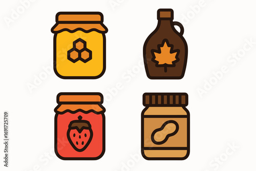 Honey jar strawberry jam peanut butter maple syrup.