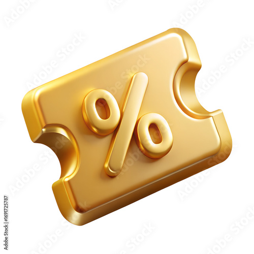 Golden discount coupon with percentage symbol metallic shiny 3d render transparent background