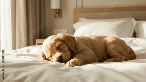 Adorable Golden Retriever puppy peacefully sleeping on a soft white bed bathed in warm sunlight