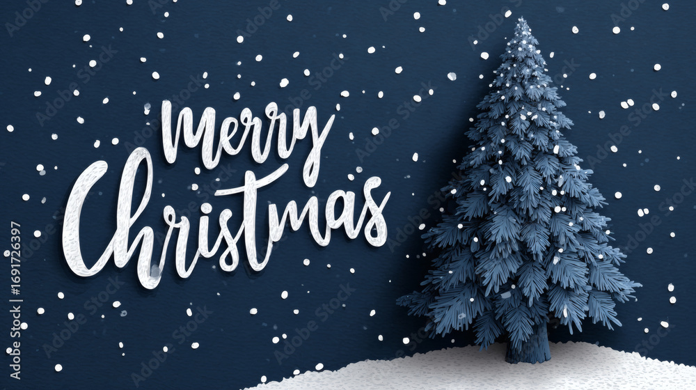 Fototapeta premium Paper art style winter christmas tree with falling snow and Merry Christmas calligraphy greeting vector