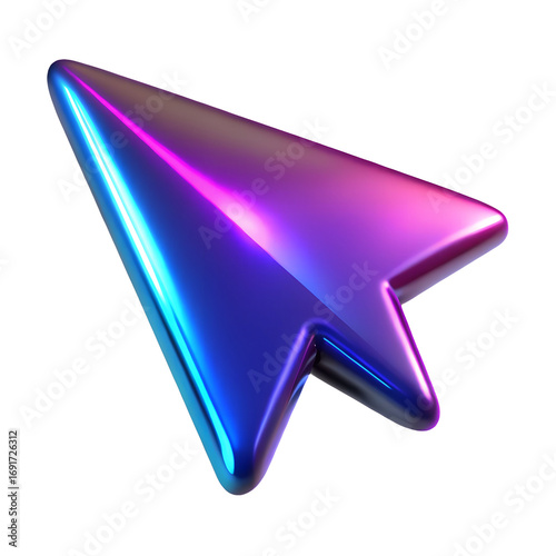 Glossy 3d arrow cursor with neon purple and blue shimmering reflections transparent background