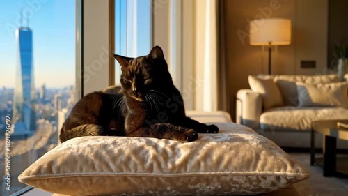 Elegant Black Cat Lounging on Plush Pillow in Luxury Apartment with City Skyline View