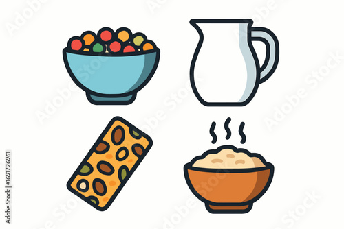 Breakfast Food and Drink Icons - Cereal, Milk, Granola Bar, and Oatmeal.