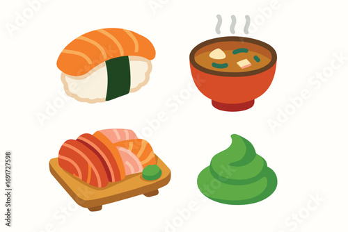 Japanese food items salmon sushi miso soup wasabi.