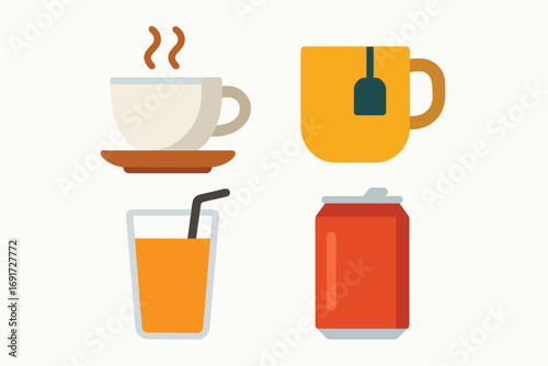Assortment of beverages including hot coffee, tea, juice, and a soda can.