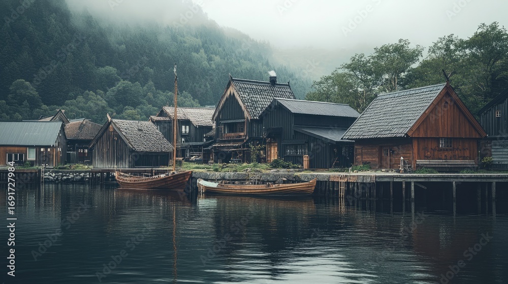 Naklejka premium Misty Fjord Village: Norwegian Coastal Charm