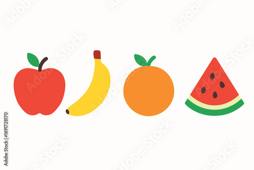 A colorful assortment of fresh fruits including an apple banana orange and watermelon slice.